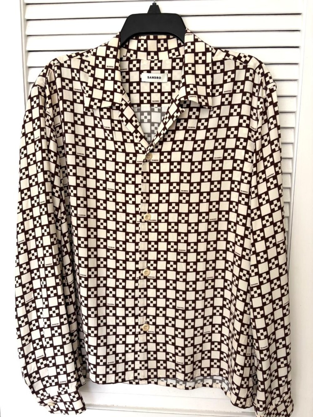 Sandro Logo Geometric Print Camp Shirt Brown Cream
